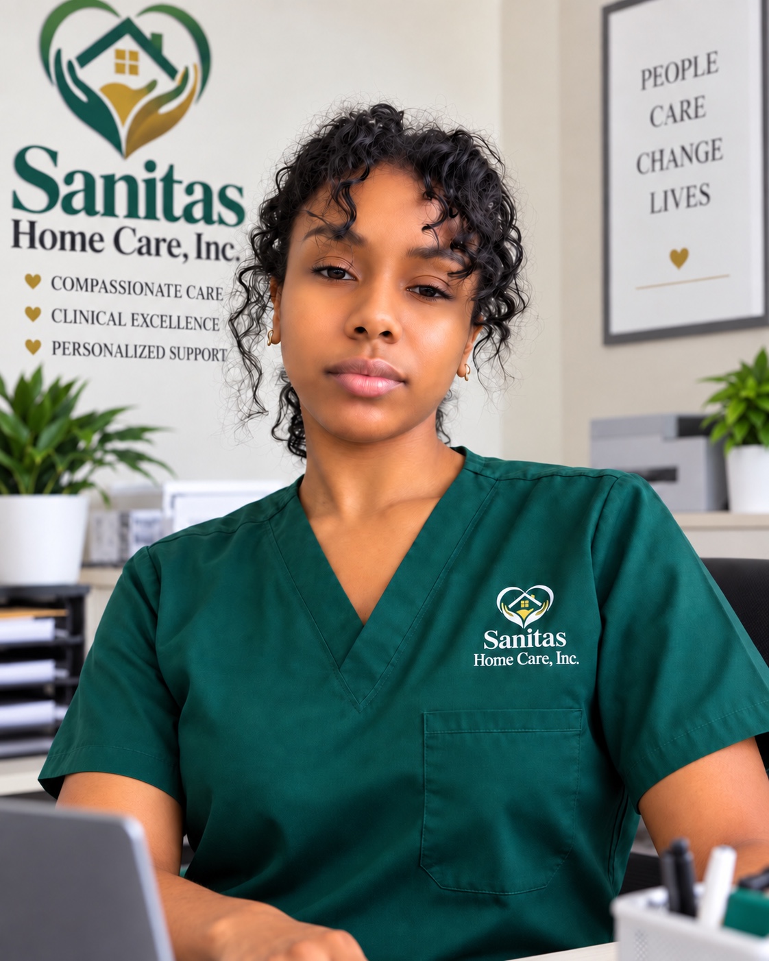 A Sanitas Home Care employee wearing green Sanitas scrubs