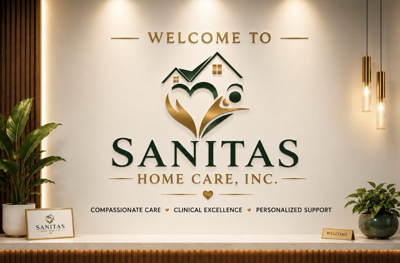 Sanitas Home Care reception wall with green-and-gold logo
